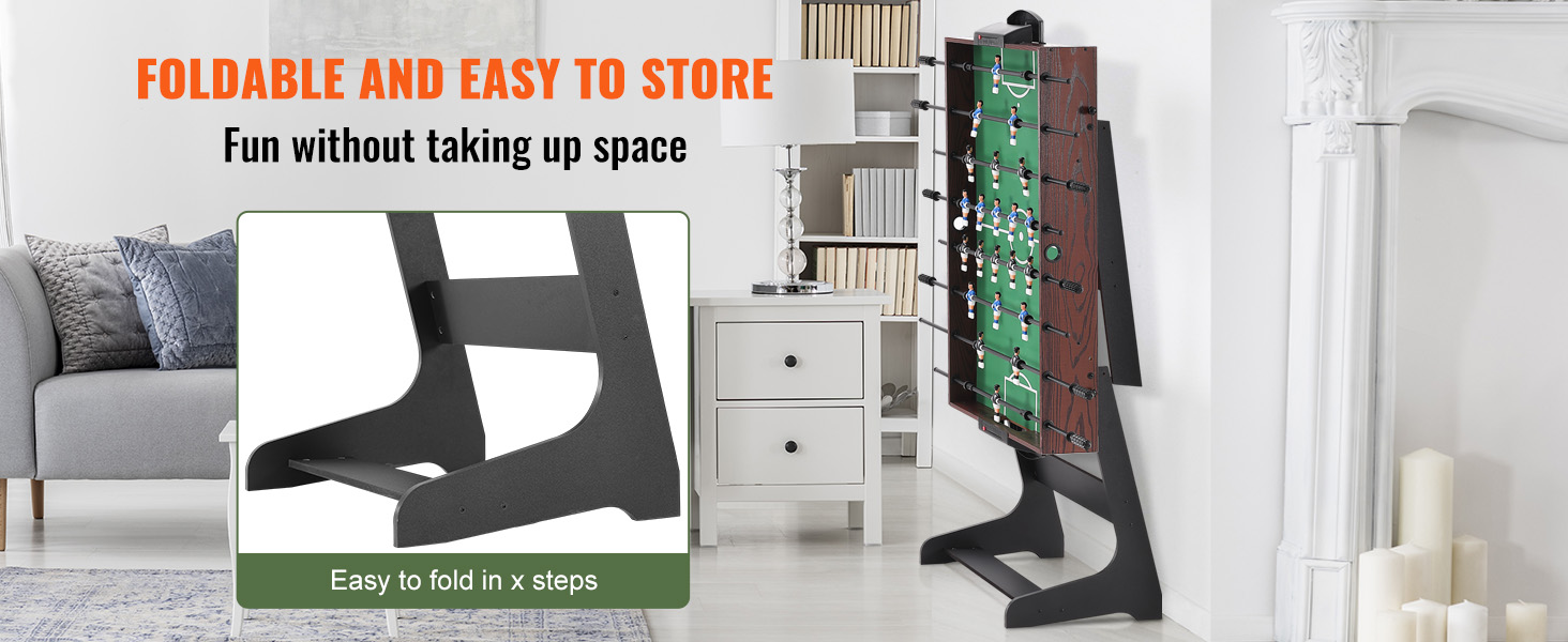 foldable VEVOR foosball table in modern living room, easy to store, saves space.