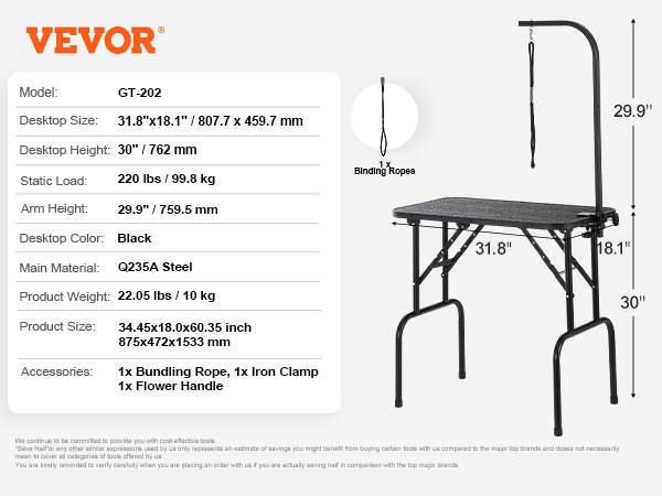 VEVOR pet grooming table, 31.8"x18.1", black, q235a steel, 220 lbs capacity, with binding ropes.