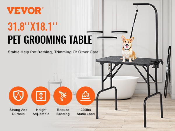 VEVOR pet grooming table in a modern bathroom, featuring a happy dog, height adjustability, and 220lbs load capacity.