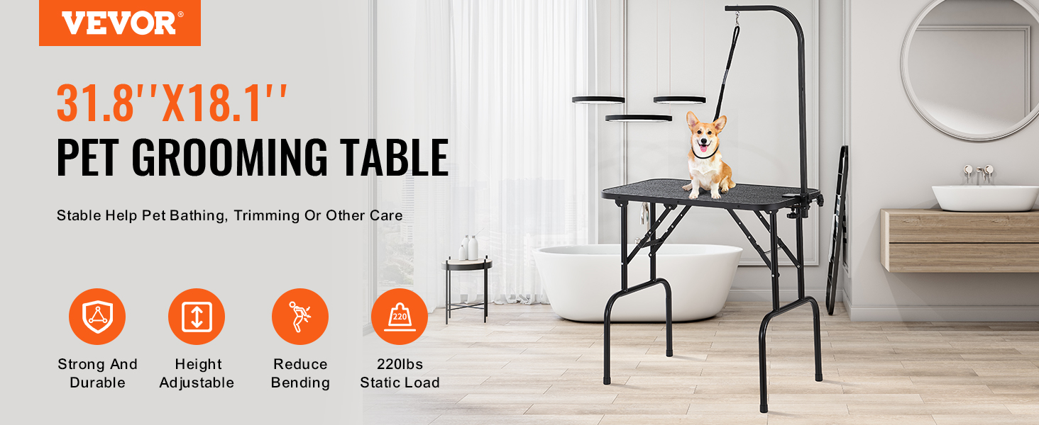 VEVOR pet grooming table in a modern bathroom, featuring a happy dog, height adjustability, and 220lbs load capacity.
