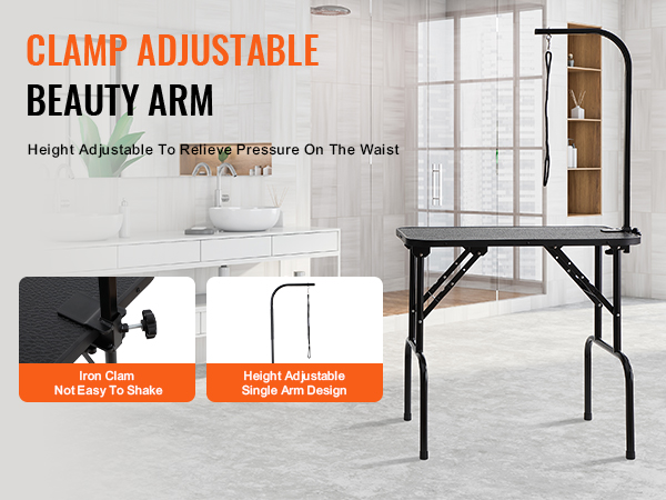 clamp adjustable beauty arm on a VEVOR pet grooming table in a modern room with a dog on a green cushion.