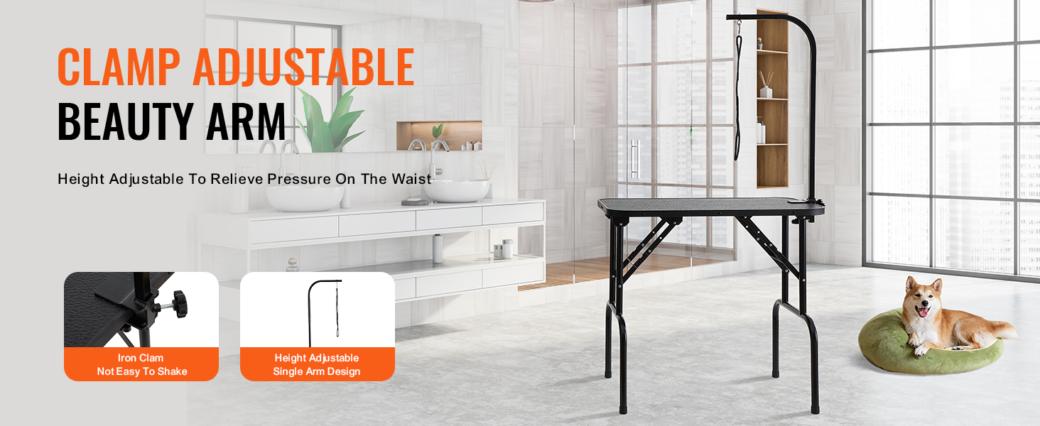 clamp adjustable beauty arm on a VEVOR pet grooming table in a modern room with a dog on a green cushion.