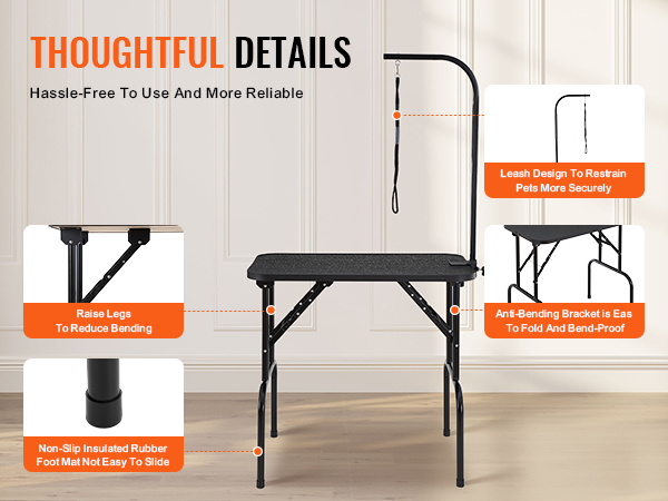 VEVOR pet grooming table features an adjustable leash, raised legs, non-slip feet, and anti-bending bracket.