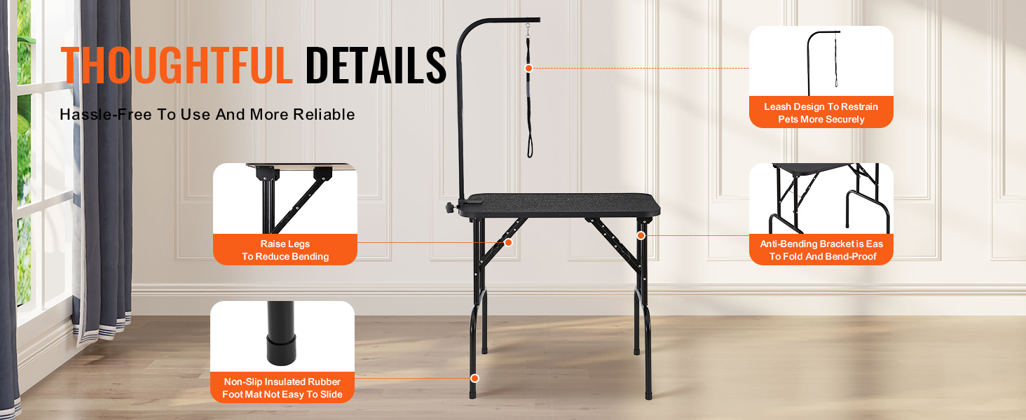 VEVOR pet grooming table features an adjustable leash, raised legs, non-slip feet, and anti-bending bracket.