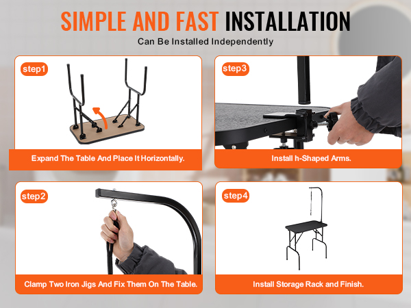 simple and fast installation steps for VEVOR pet grooming table, from expanding to final setup.