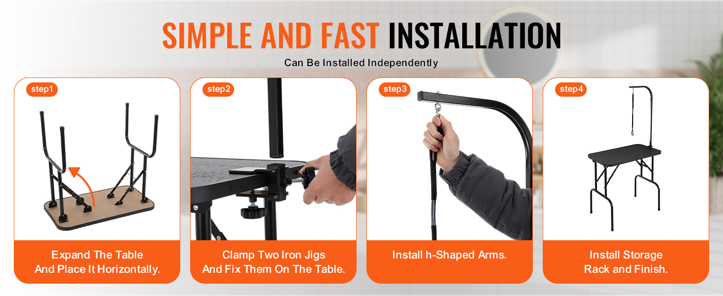 simple and fast installation steps for VEVOR pet grooming table, from expanding to final setup.