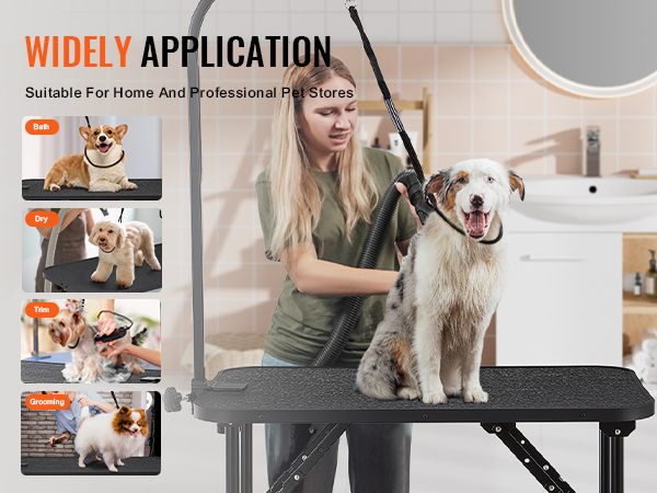 VEVOR pet grooming table for bath, trim, dry, grooming; ideal for home and professional pet stores.