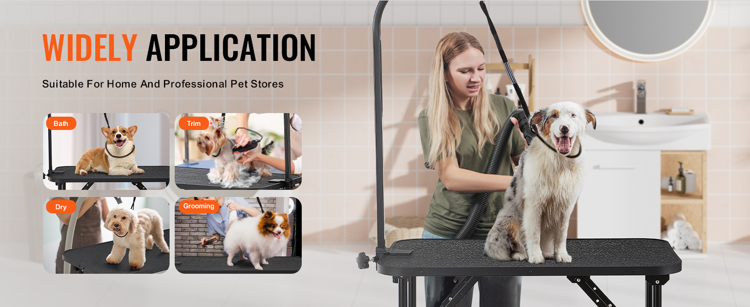 VEVOR pet grooming table for bath, trim, dry, grooming; ideal for home and professional pet stores.