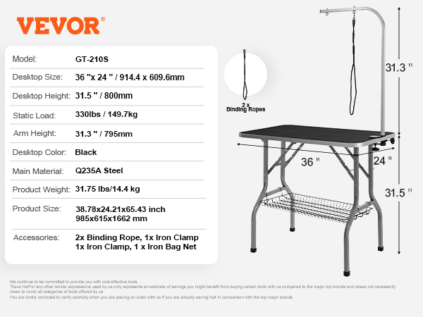 VEVOR pet grooming table with adjustable arm, black desktop, steel frame, 36"x24", 31.5" height.