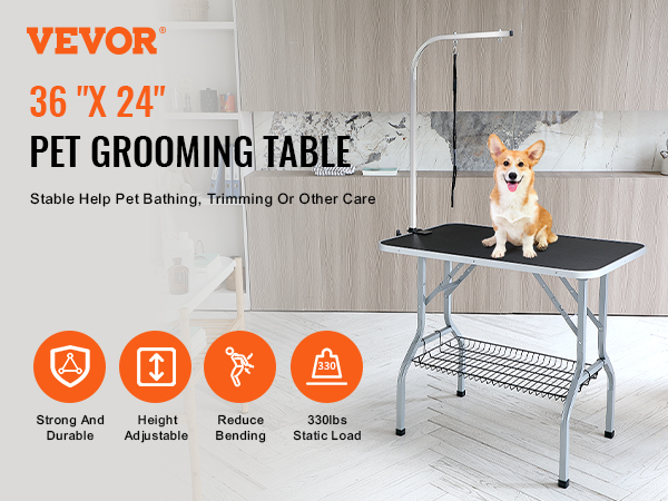 VEVOR pet grooming table with corgi, 36" x 24", strong, height adjustable, reduces bending.