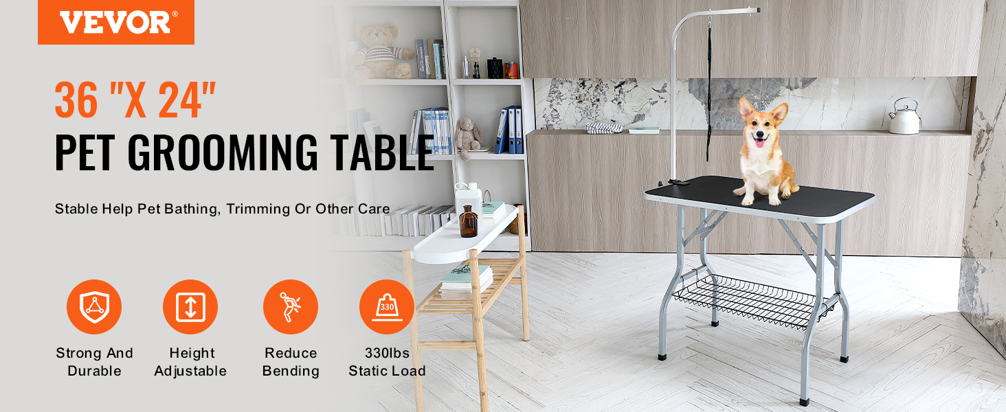 VEVOR pet grooming table with corgi, 36" x 24", strong, height adjustable, reduces bending.