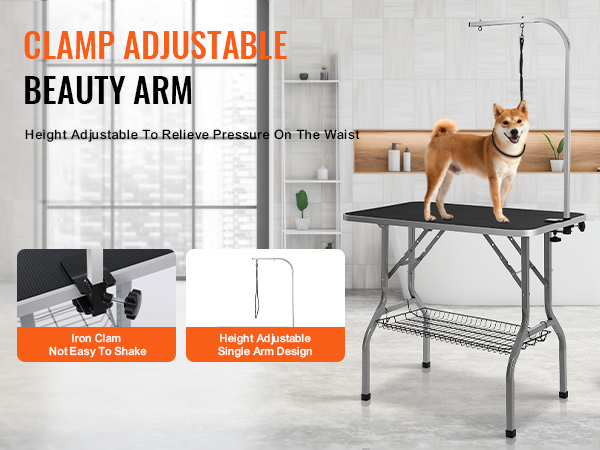 dog standing on VEVOR pet grooming table with adjustable arm, another dog resting on a green cushion nearby.