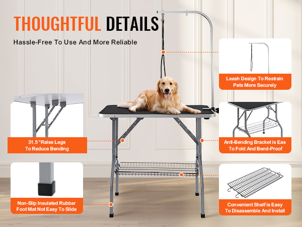 VEVOR pet grooming table with leash, non-slip rubber foot mat, and anti-bending bracket.
