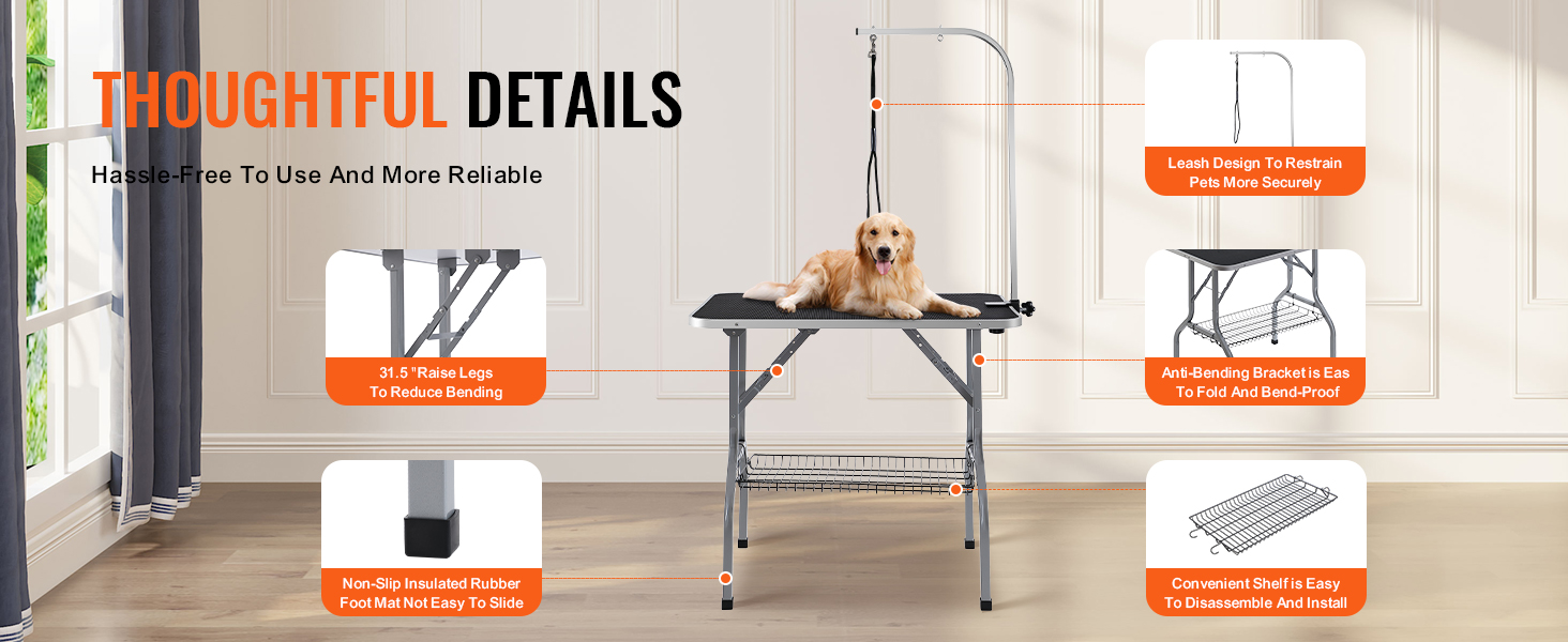 VEVOR pet grooming table with leash, non-slip rubber foot mat, and anti-bending bracket.
