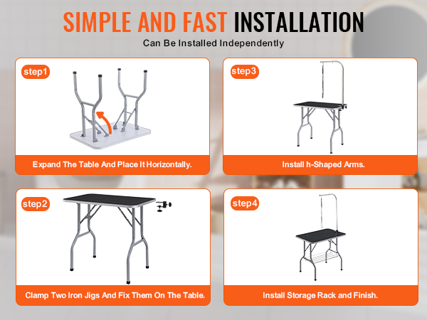 step-by-step assembly: expand, clamp, install h-shaped arms, attach storage rack to VEVOR pet grooming table.