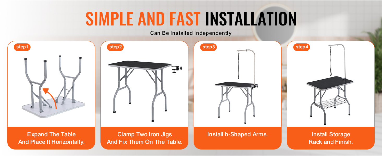 step-by-step assembly: expand, clamp, install h-shaped arms, attach storage rack to VEVOR pet grooming table.