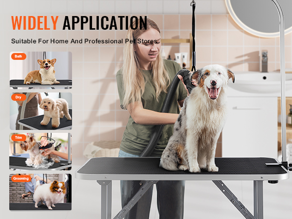 VEVOR pet grooming table for bathing, trimming, drying, and grooming dogs, suitable for home and professional use.
