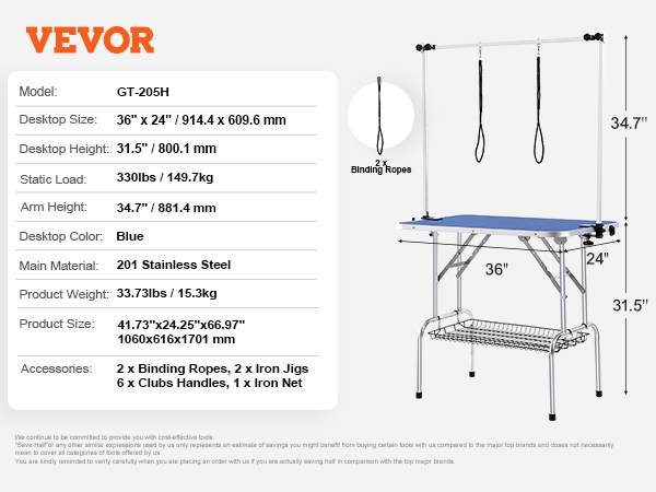VEVOR pet grooming table with 34.7" adjustable arm, 36"x24" blue desktop, and stainless steel frame.