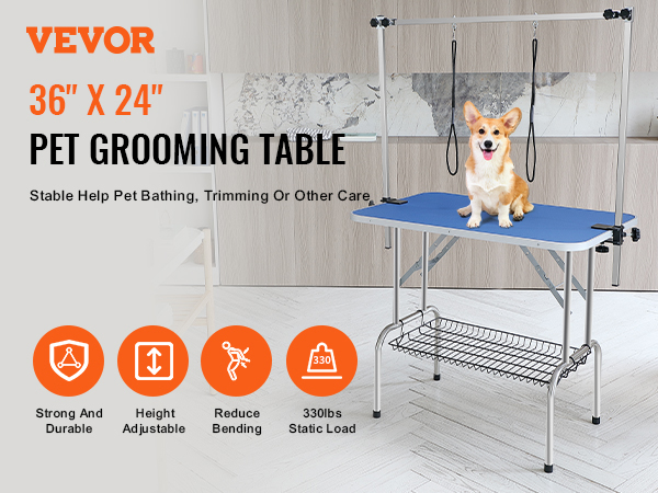 VEVOR pet grooming table 36" x 24" with corgi, height adjustable, holds up to 330 lbs.