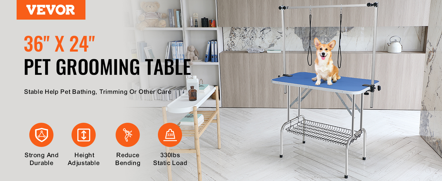 VEVOR pet grooming table 36" x 24" with corgi, height adjustable, holds up to 330 lbs.