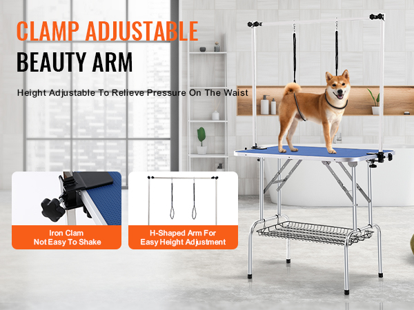 clamp adjustable beauty arm on the VEVOR pet grooming table with height adjustment in a modern room.