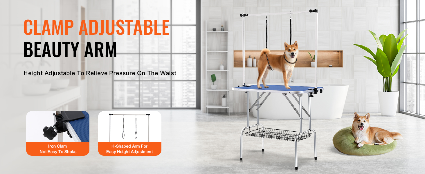 clamp adjustable beauty arm on the VEVOR pet grooming table with height adjustment in a modern room.