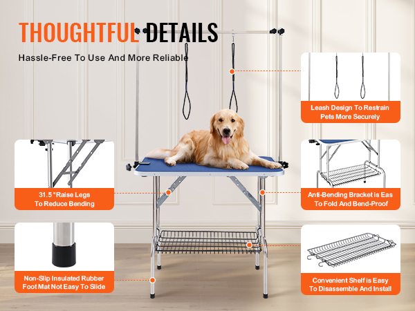 VEVOR pet grooming table with non-slip foot mats, anti-bending brackets, and secure leash design.
