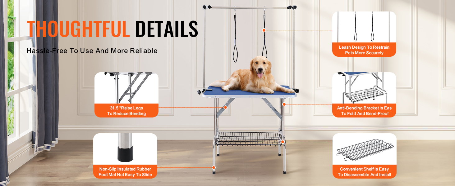 VEVOR pet grooming table with non-slip foot mats, anti-bending brackets, and secure leash design.