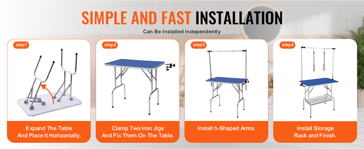 simple steps to install the VEVOR pet grooming table: expand, clamp, install arms, add storage.