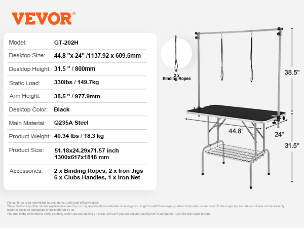 VEVOR pet grooming table specs: 44.8"x24" black desktop, 38.5" arm height, 330 lb load, q235a steel.