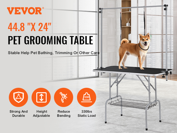VEVOR pet grooming table 44.8"x24", height adjustable, strong and durable with shelf and harness.