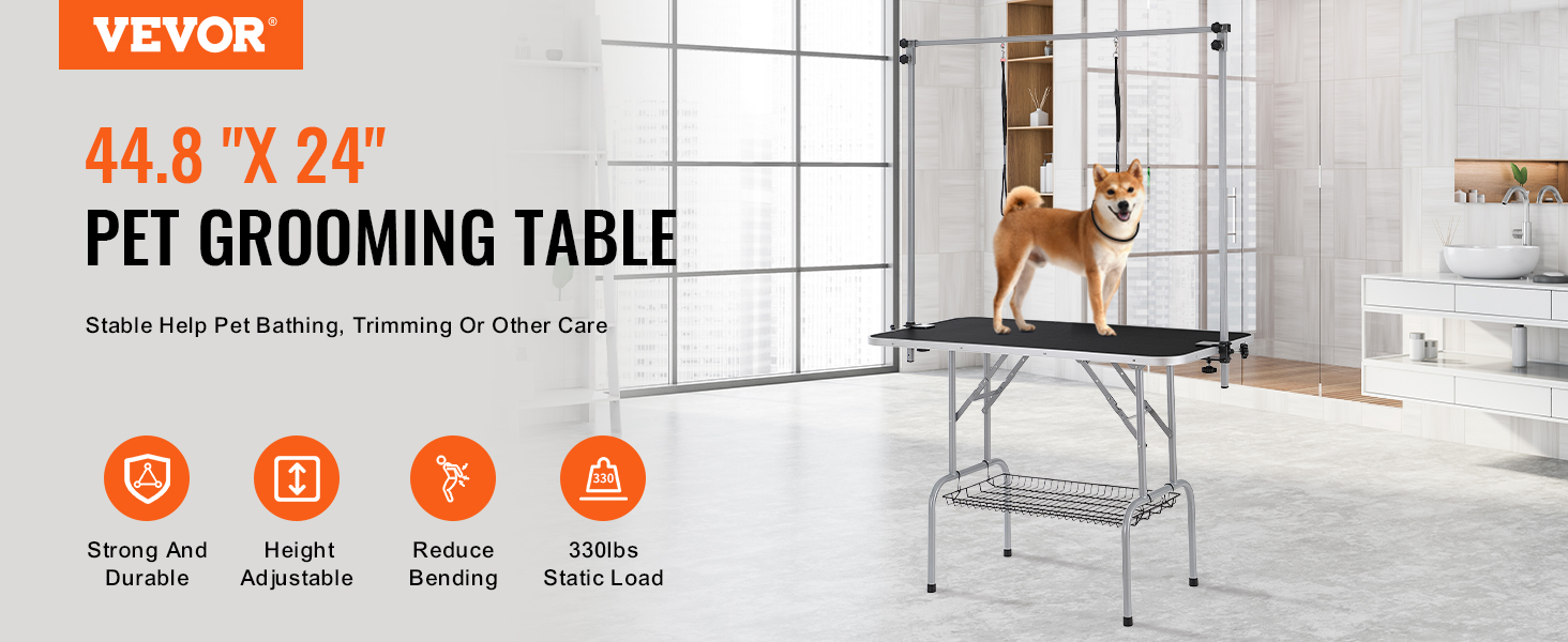 VEVOR pet grooming table 44.8"x24", height adjustable, strong and durable with shelf and harness.