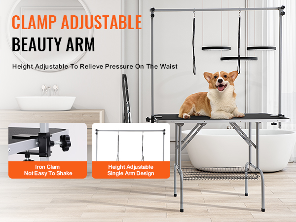corgi on VEVOR pet grooming table with adjustable beauty arm in modern bathroom.