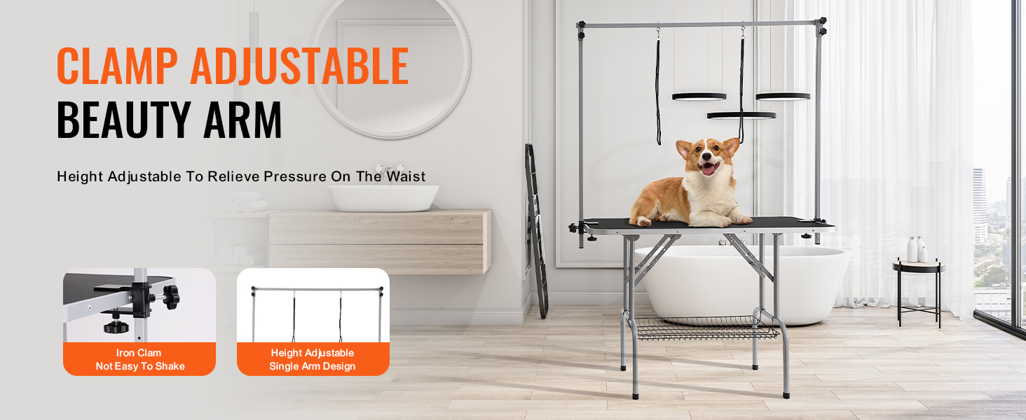 corgi on VEVOR pet grooming table with adjustable beauty arm in modern bathroom.