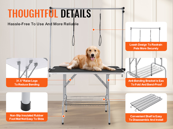 VEVOR pet grooming table with dog, adjustable height legs, secure leash design, non-slip feet, and storage shelf.