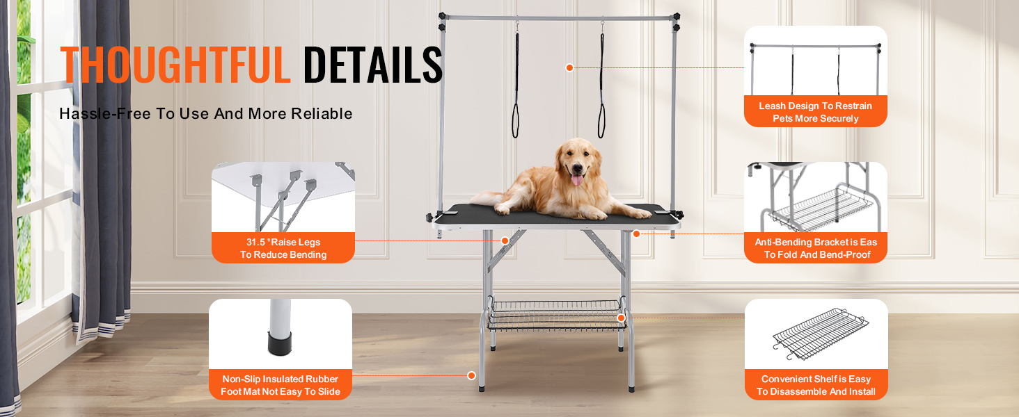 VEVOR pet grooming table with dog, adjustable height legs, secure leash design, non-slip feet, and storage shelf.