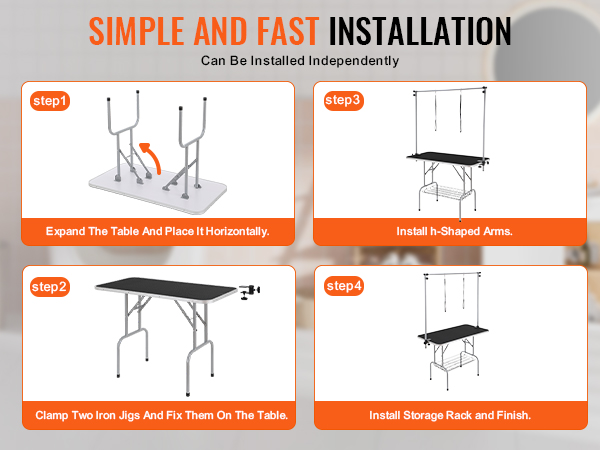 four-step installation guide for VEVOR pet grooming table with simple instructions and images.