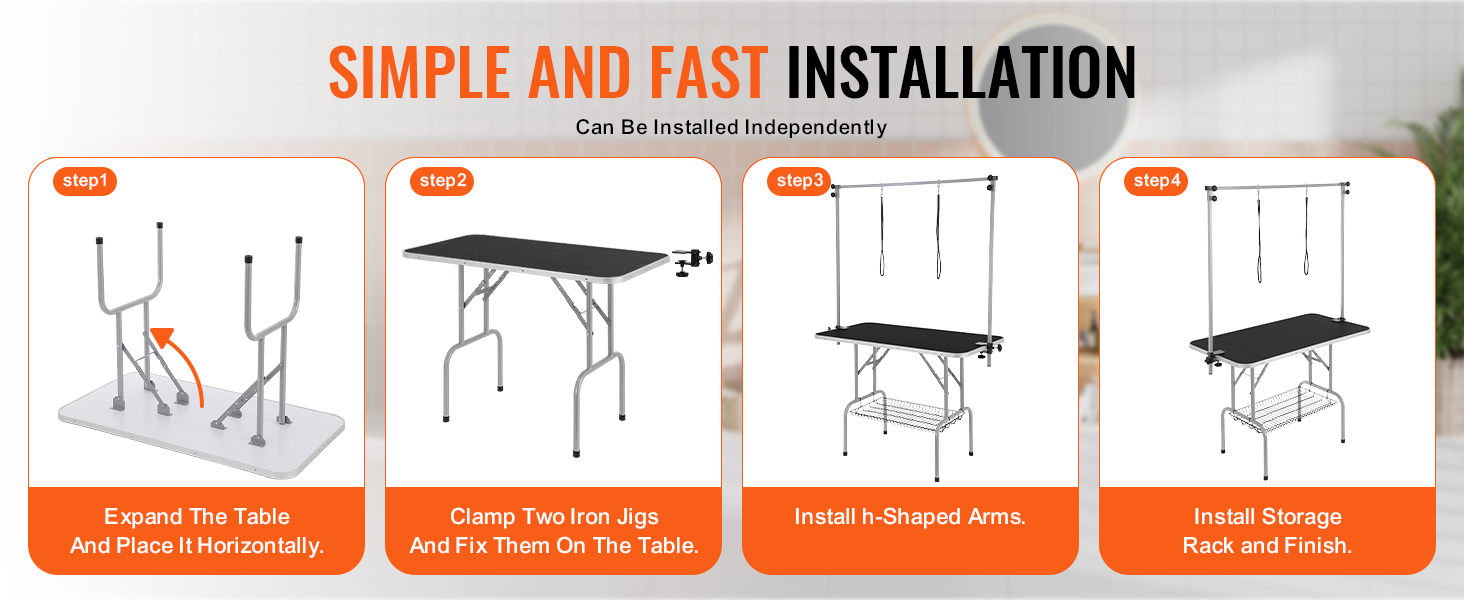 four-step installation guide for VEVOR pet grooming table with simple instructions and images.