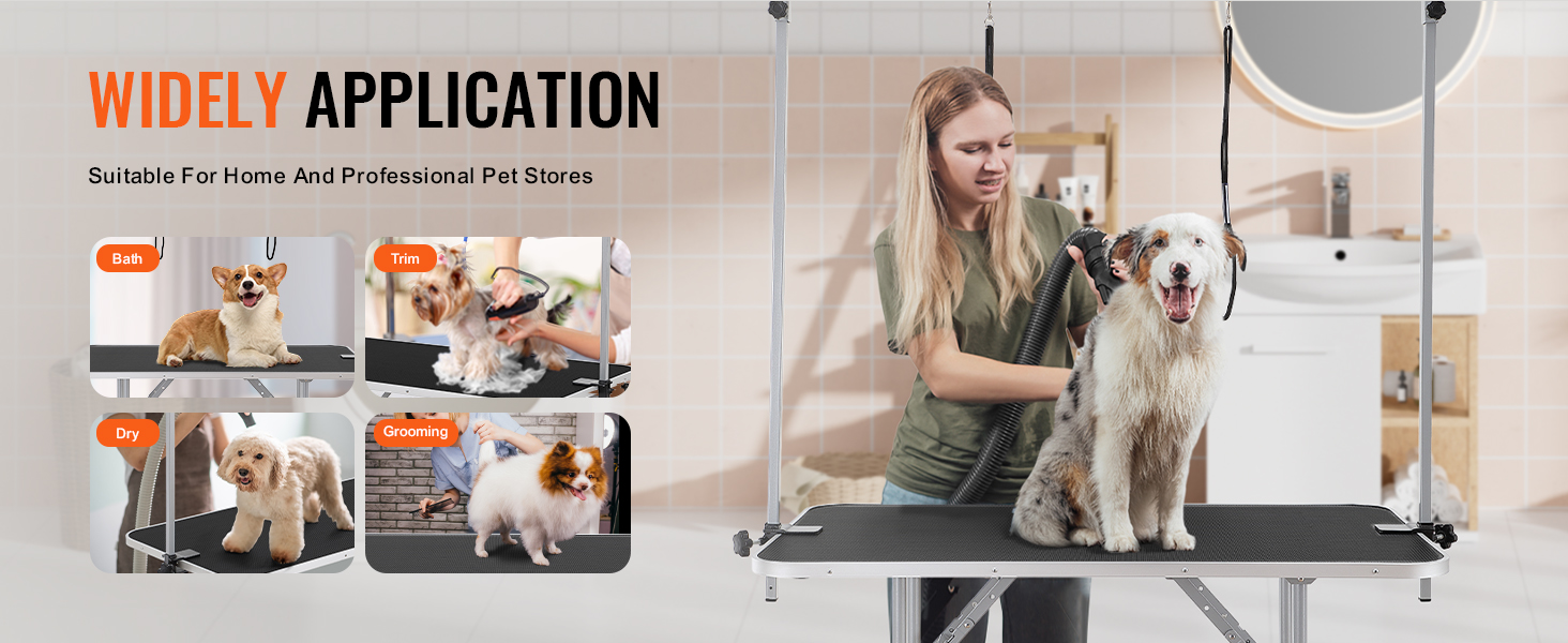 VEVOR pet grooming table for home and professional use, showing bath, trim, dry, and grooming stages.