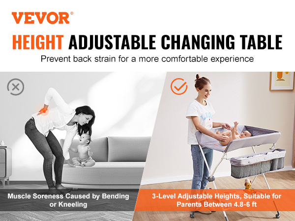 VEVOR baby changing table with height adjustment to prevent back strain for parents.