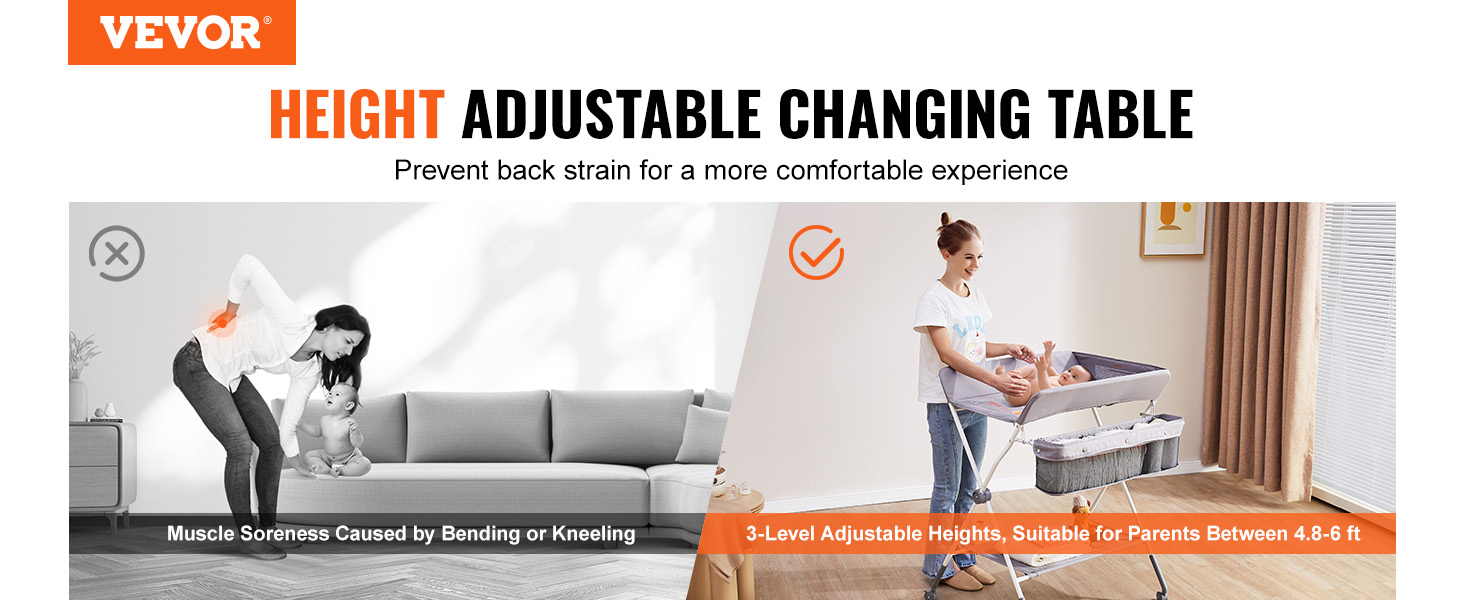 VEVOR baby changing table with height adjustment to prevent back strain for parents.