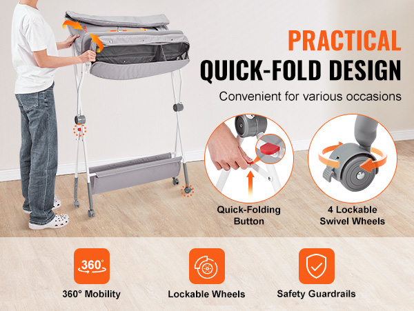 practical VEVOR baby changing table with quick-fold design, lockable wheels, and safety guardrails.