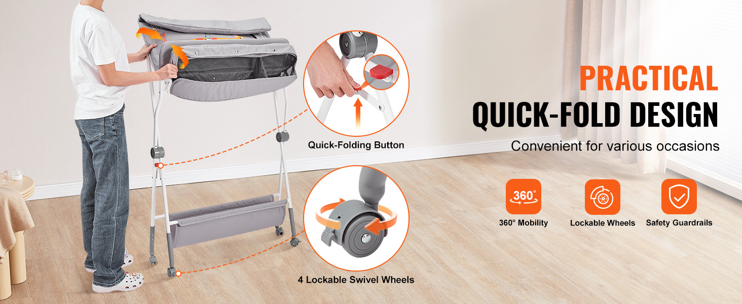practical VEVOR baby changing table with quick-fold design, lockable wheels, and safety guardrails.