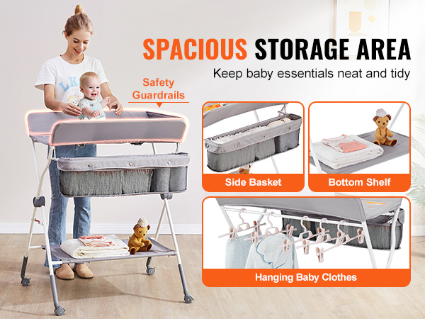 VEVOR baby changing table with safety guardrails, side basket, bottom shelf, and hanging baby clothes.