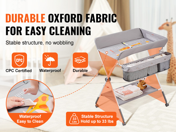 durable VEVOR baby changing table with oxford fabric, waterproof, easy to clean, stable structure.