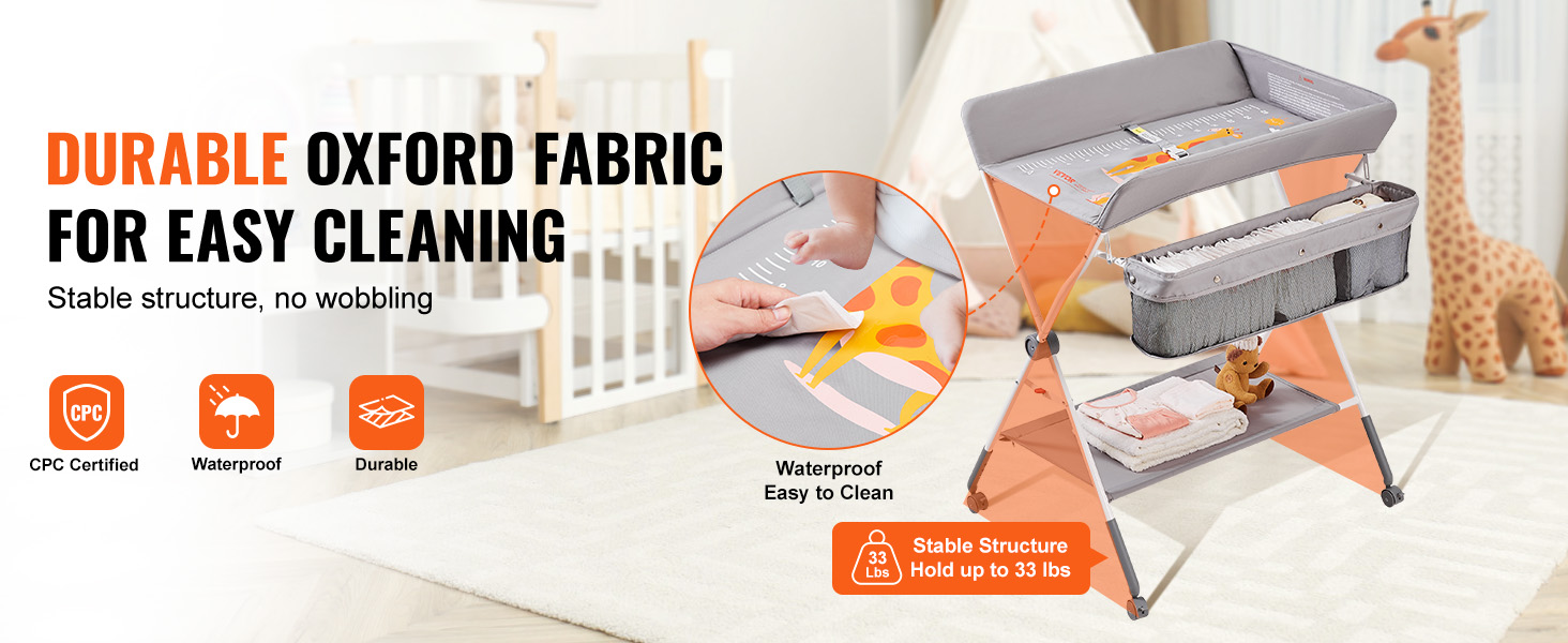 durable VEVOR baby changing table with oxford fabric, waterproof, easy to clean, stable structure.