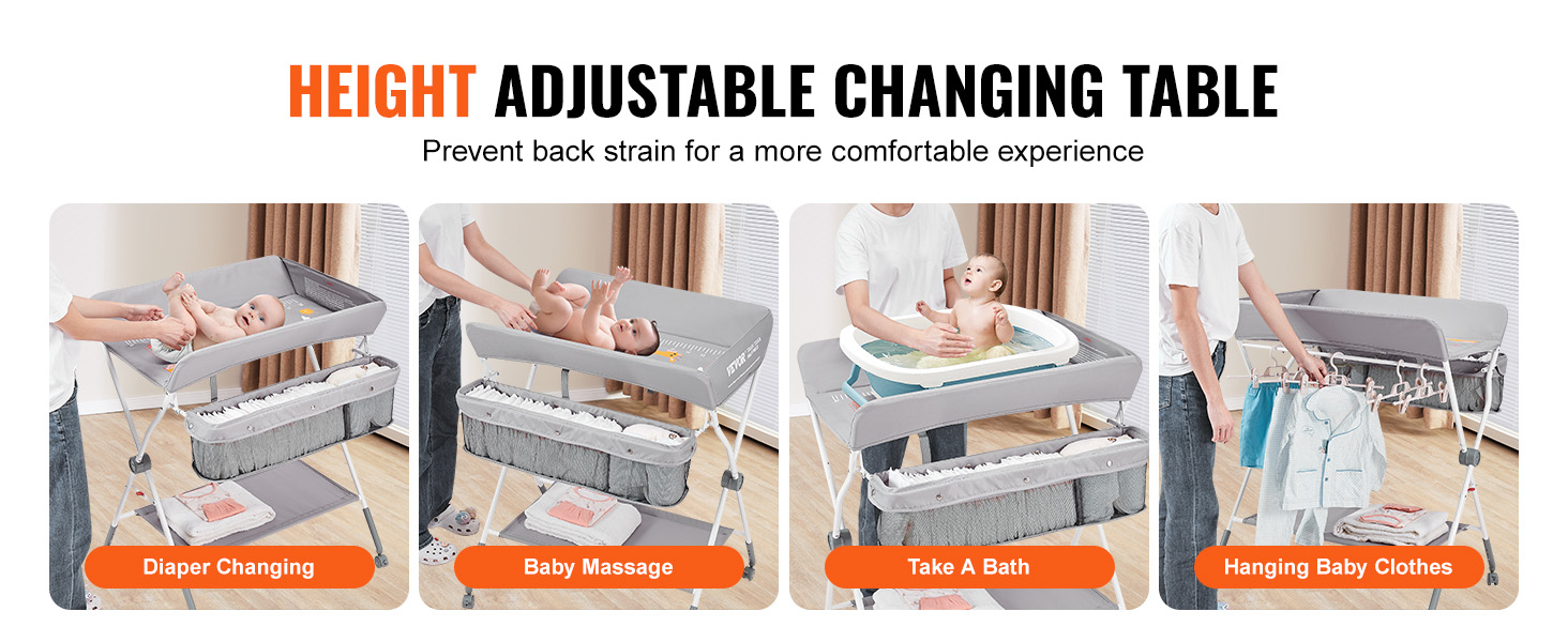 height adjustable VEVOR baby changing table for diaper changing, baby massage, baths, and hanging clothes.