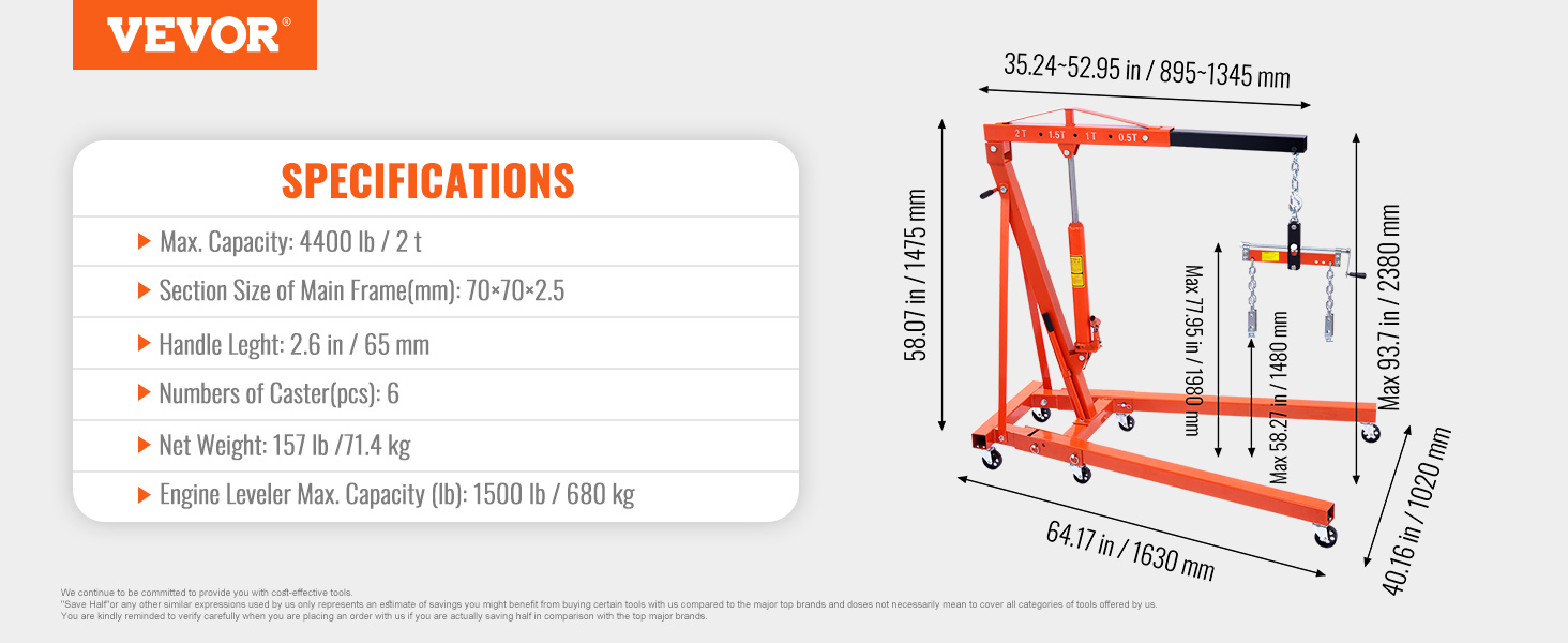 VEVOR hydraulic engine hoist specifications: max capacity 4400 lb, 6 casters, 157 lb net weight.