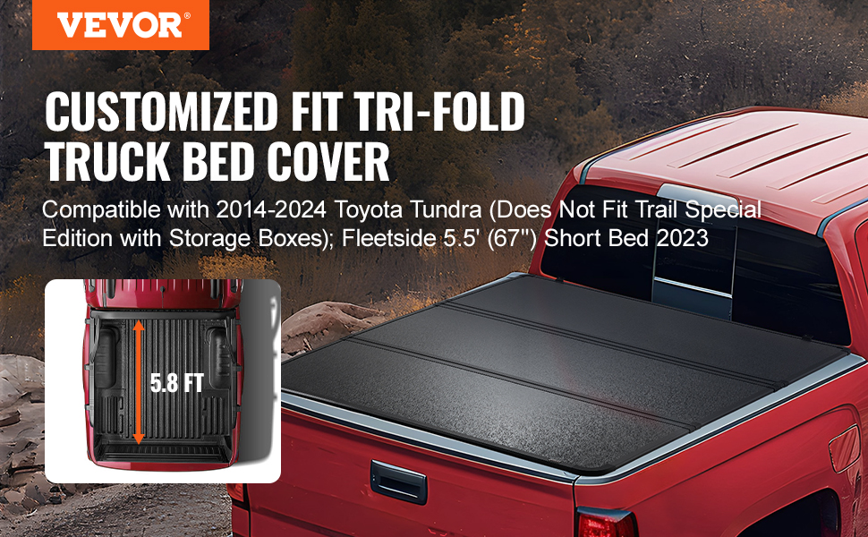 VEVOR tundra truck bed cover, 5.8 ft tri-fold design for toyota tundra 2014-2024 short bed.