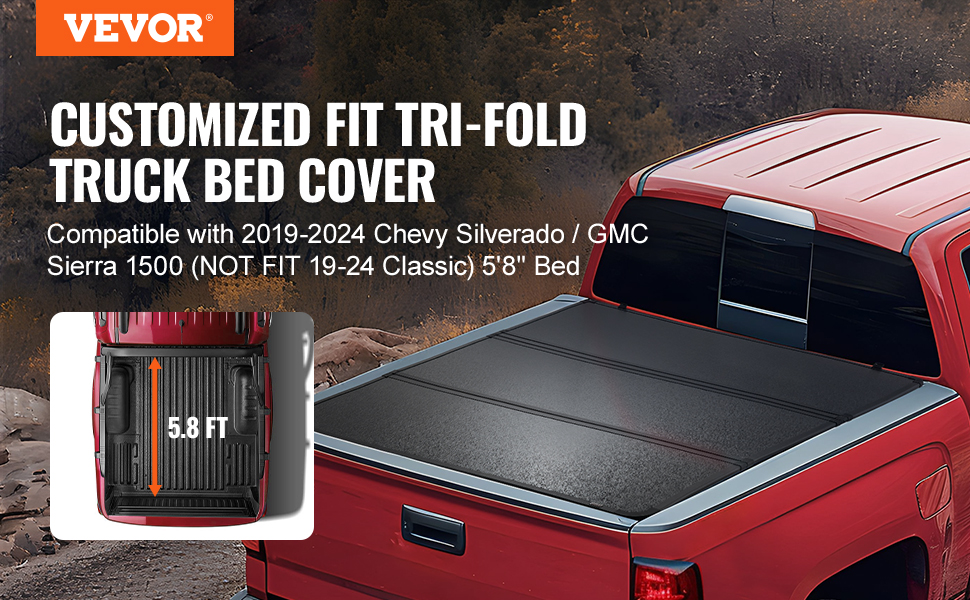 VEVOR tri-fold truck bed tonneau cover installed on a red chevy silverado, 5.8 ft bed capacity.